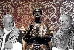 La statua bronzea di S. Pietro affiancata dalle immagini di Giovanni XXIII e Giovanni Paolo II